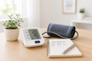 Digital home blood pressure monitor with cuff and blood pressure log on a table, representing accurate home blood pressure monitoring using standardized measurement techniques.
